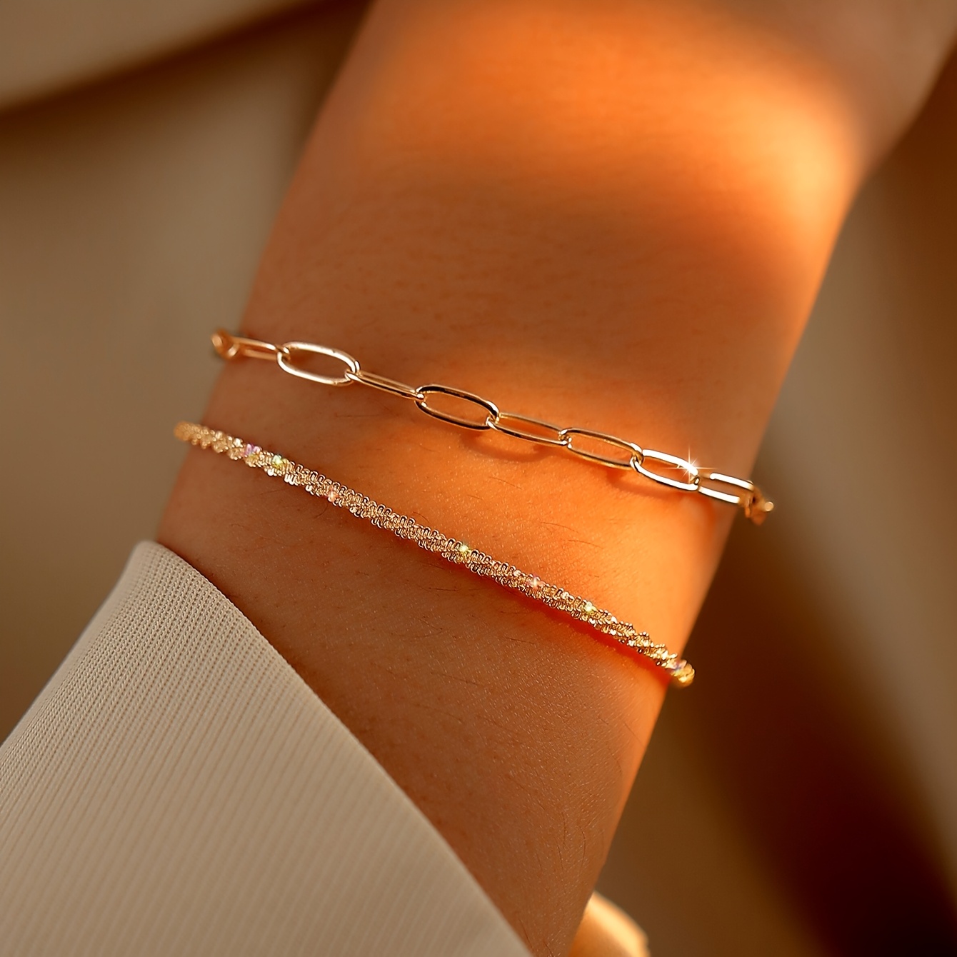 2pc Golden Copper Shimmering Chain Bracelet Set